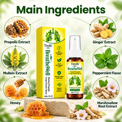 🍀 Timilk® BreatheWell Herbal Propolis Lung Cleanse Spray（👨‍⚕️Directly acts on COPD, asthma, chronic bronchitis (CB), respiratory infections, lung cancer, sinusitis, and other conditions🫁)