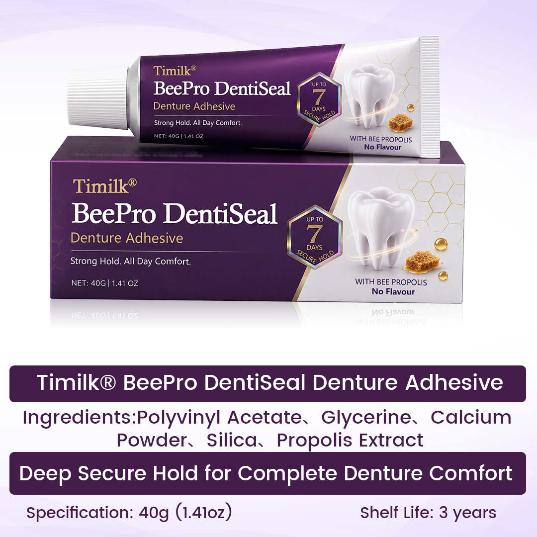 Timilk® BeePro DentiSeal Denture Adhesive🦷🐝💜 FDA Certified (Clinically Proven 96-Hour Lock Hold with Bee Propolis Gum Comfort for Secure, Comfortable & Zinc-Free Denture Fit)