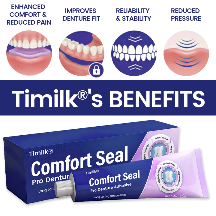 Timilk® Comfort Seal Pro Denture Adhesive.