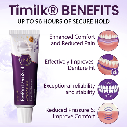 Timilk® BeePro DentiSeal Denture Adhesive🦷🐝💜 FDA Certified (Clinically Proven 96-Hour Lock Hold with Bee Propolis Gum Comfort for Secure, Comfortable & Zinc-Free Denture Fit)