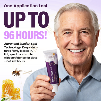 Timilk® BeePro DentiSeal Denture Adhesive🦷🐝💜 FDA Certified (Clinically Proven 96-Hour Lock Hold with Bee Propolis Gum Comfort for Secure, Comfortable & Zinc-Free Denture Fit)